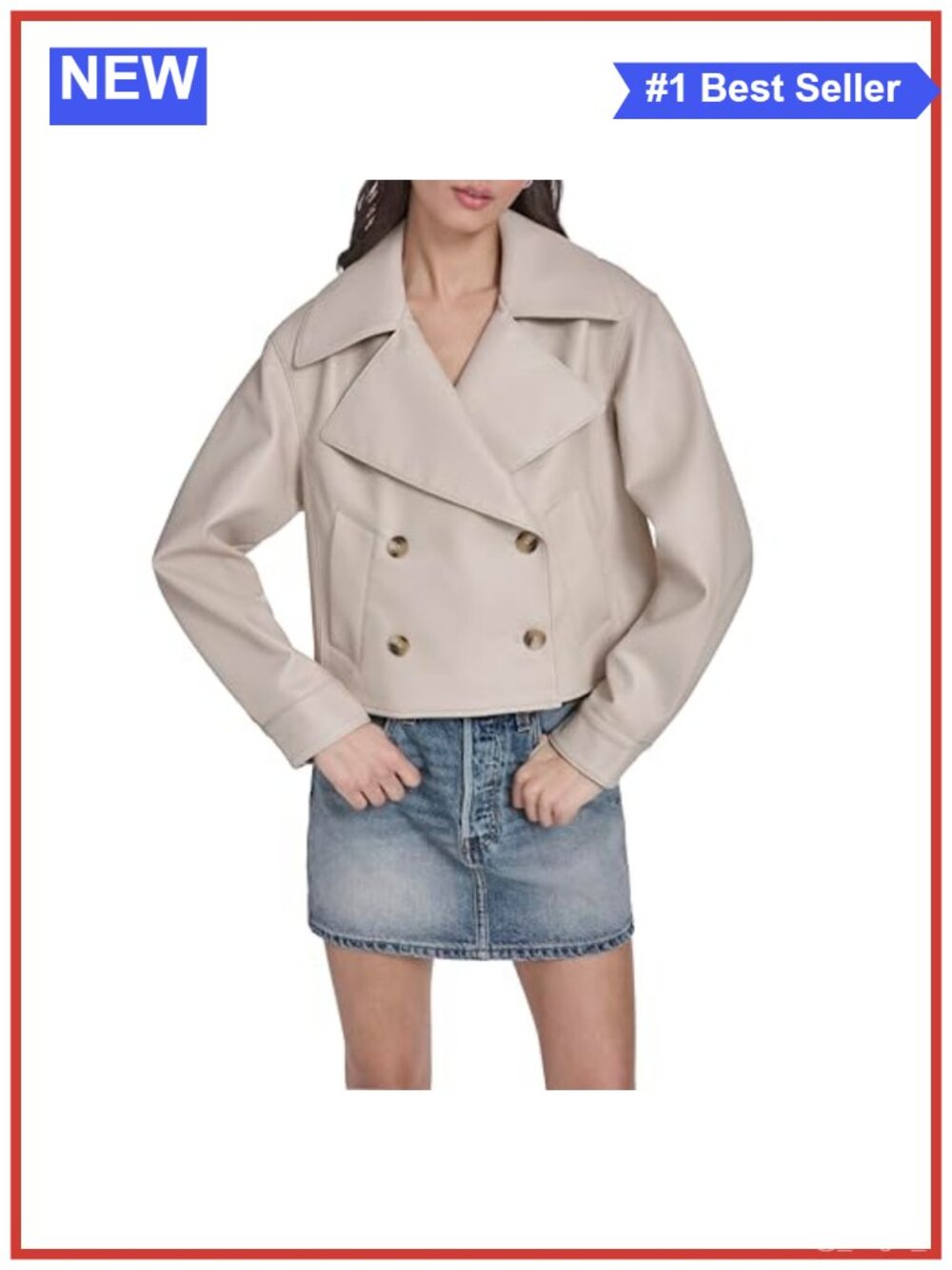 Faux Leather Short Double Breasted Trench Coat Puff Sleeve